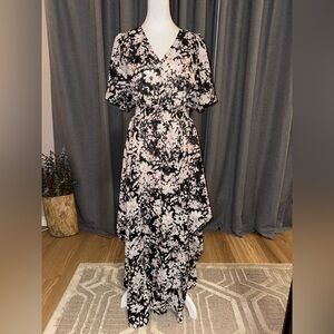Express Black Floral High Low Midi Dress Smocked Waist Size Small